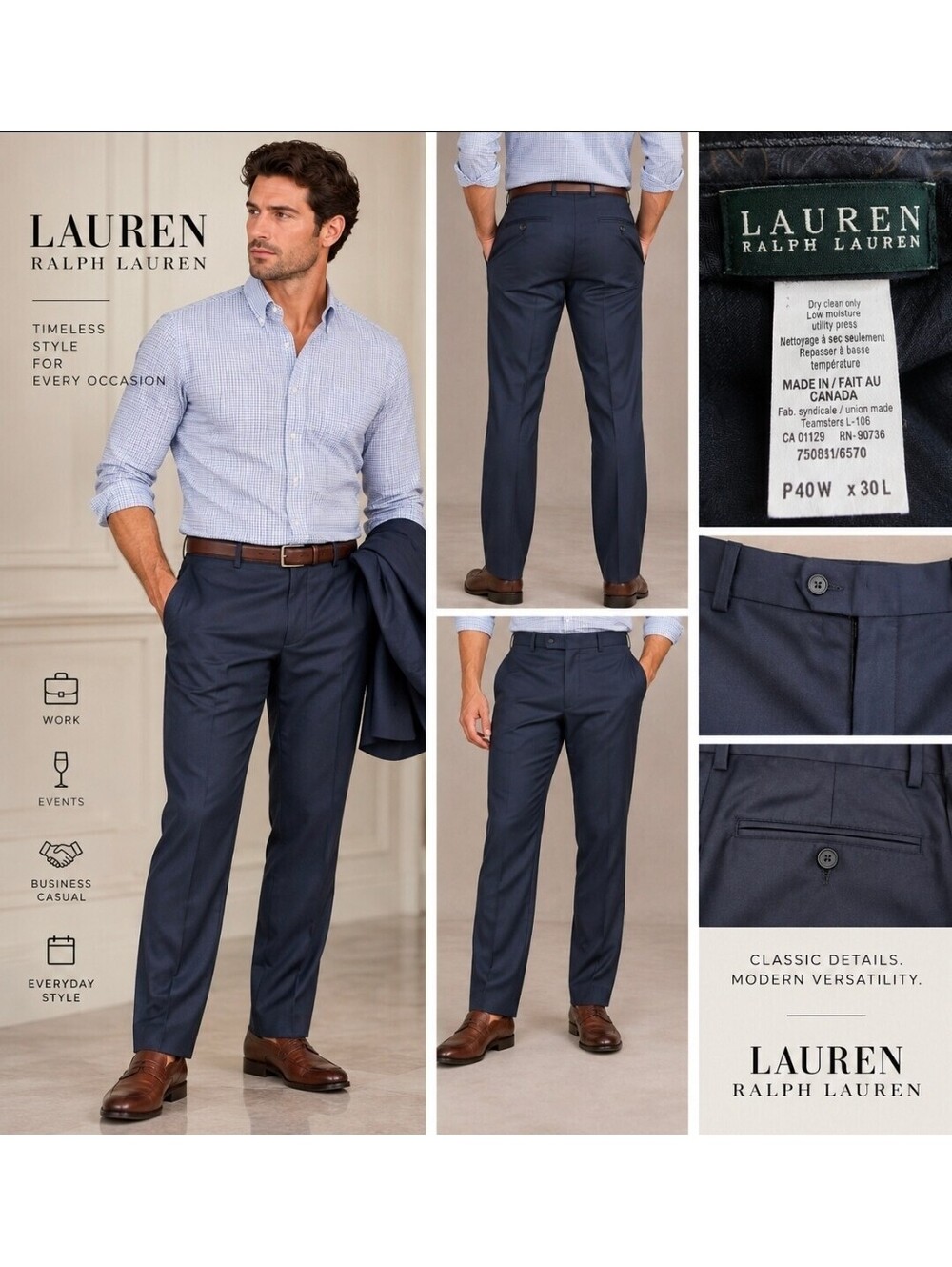 Lauren Ralph Lauren Men’s Navy Blue Dress Pants 40x30 Flat Front Classic Trouser